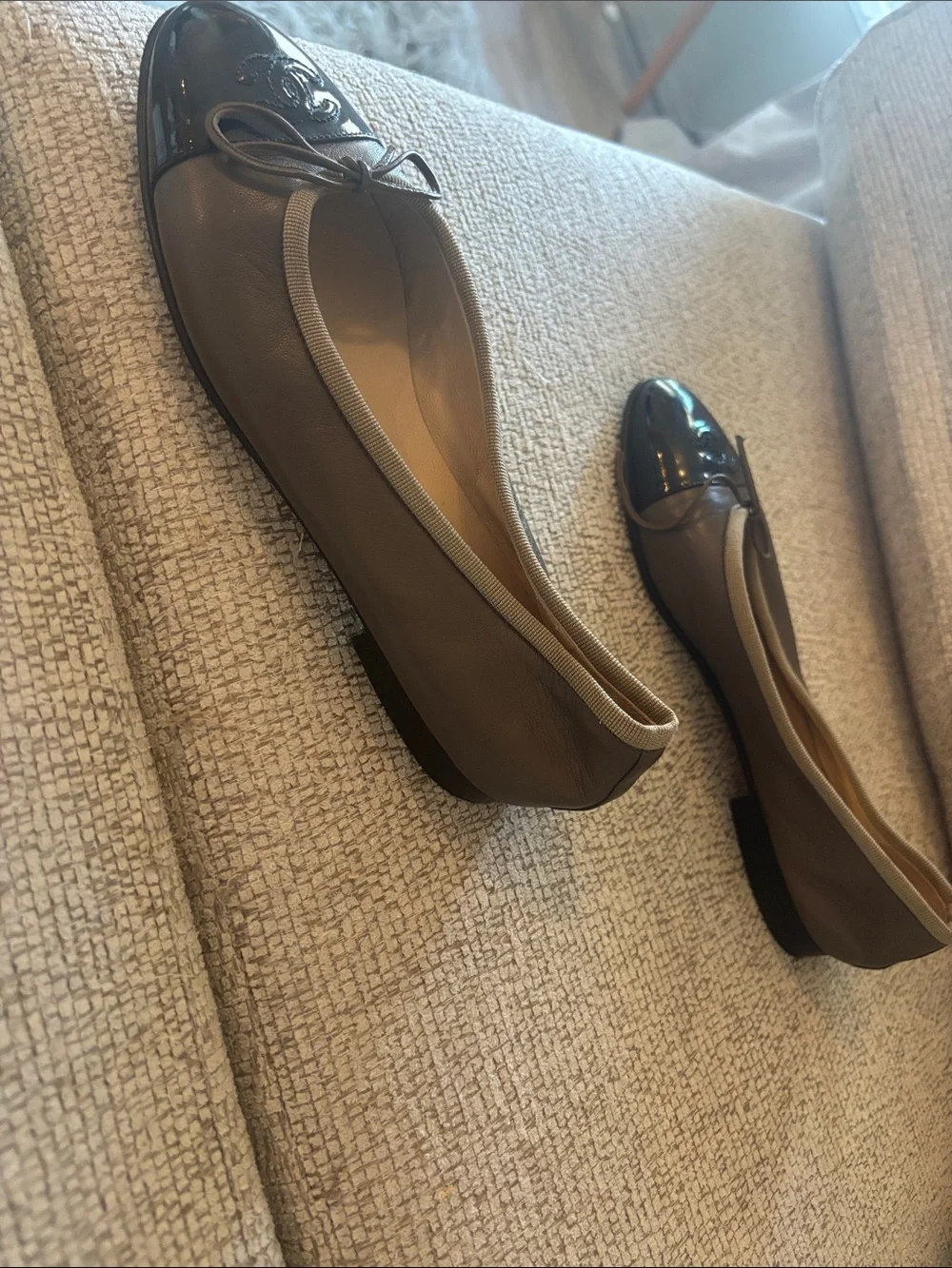 CHANEL Taupe Leather Ballet Flats with Black Patent Cap Toe